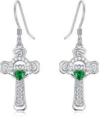 wholesale 925 Sterling Silver Heart-Shaped Emerald Green Stone Claddagh Cross Drop Earrings-Silver