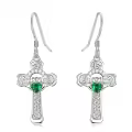 wholesale 925 Sterling Silver Heart-Shaped Emerald Green Stone Claddagh Cross Drop Earrings-0-0