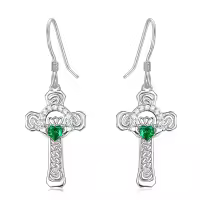 wholesale 925 Sterling Silver Heart-Shaped Emerald Green Stone Claddagh Cross Drop Earrings-Silver