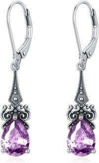 wholesale Sterling Silver 10mm Teardrop 12 Months Birthstone Dangle Drop Earrings-02-Amethyst-Purple
