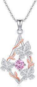 wholesale 925 Sterling Silver Pink Crystal Butterfly & Leaf Pendant Necklace-0-0