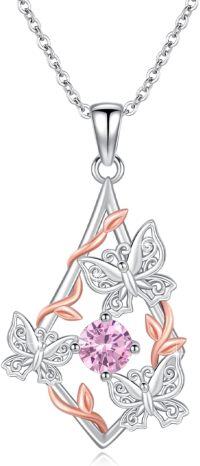 wholesale 925 Sterling Silver Pink Crystal Butterfly & Leaf Pendant Necklace-03 Butterfly