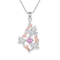 wholesale 925 Sterling Silver Pink Crystal Butterfly & Leaf Pendant Necklace-03 Butterfly