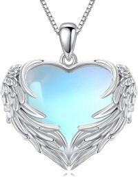 wholesale 925 Sterling Silver Angel Wings Heart Moonstone Pendant Necklace s for Women-01-White-Moonstone
