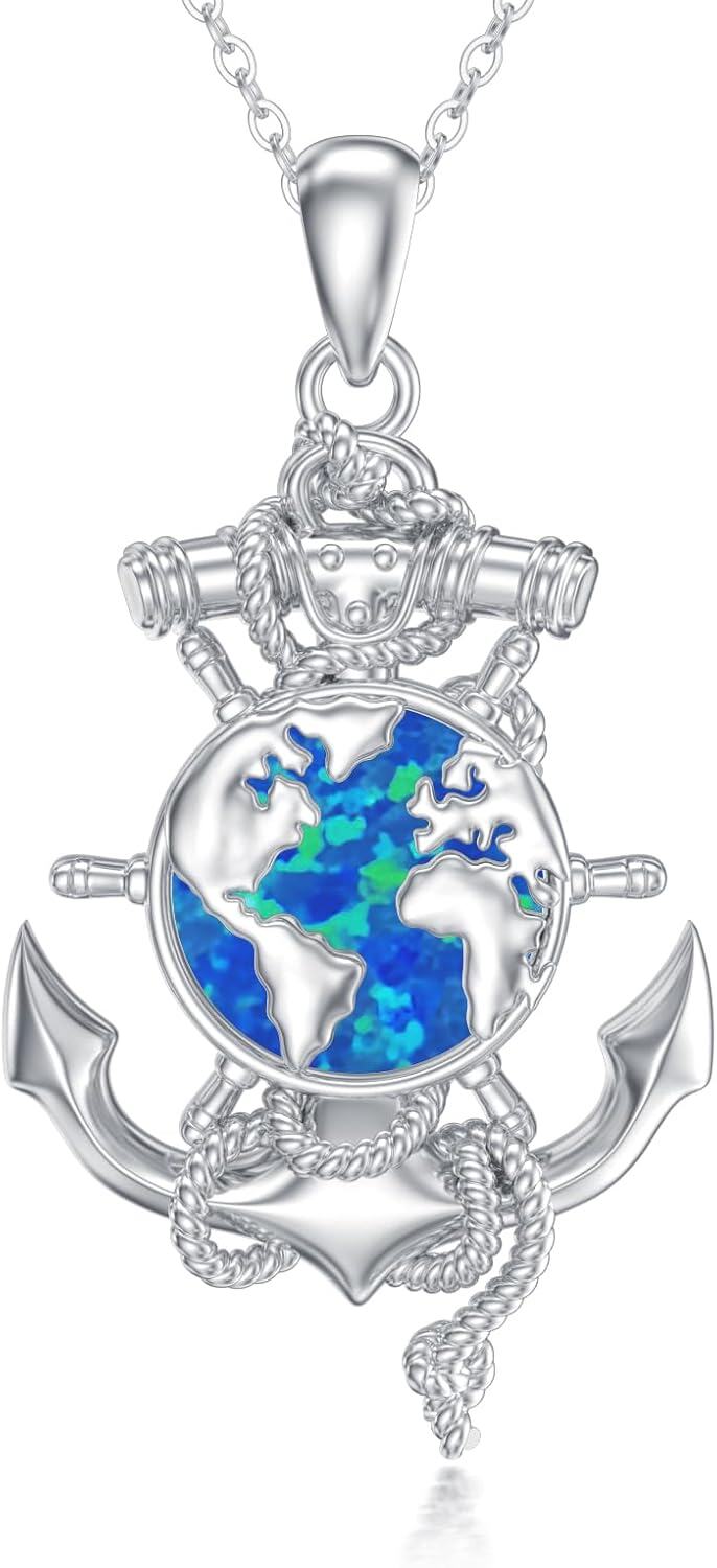wholesale 925 Sterling Silver Globe & Anchor Necklace with Blue Opal Tridant Pendant-0-0