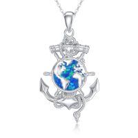 wholesale 925 Sterling Silver Globe & Anchor Necklace with Blue Opal Tridant Pendant-Anchor Earth Necklace