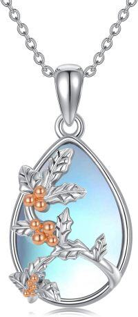 wholesale 925 Sterling Silver Blue Moonstone Birth Flower Teardrop Pendant Necklaces Gifts for Women-12.December - Holly
