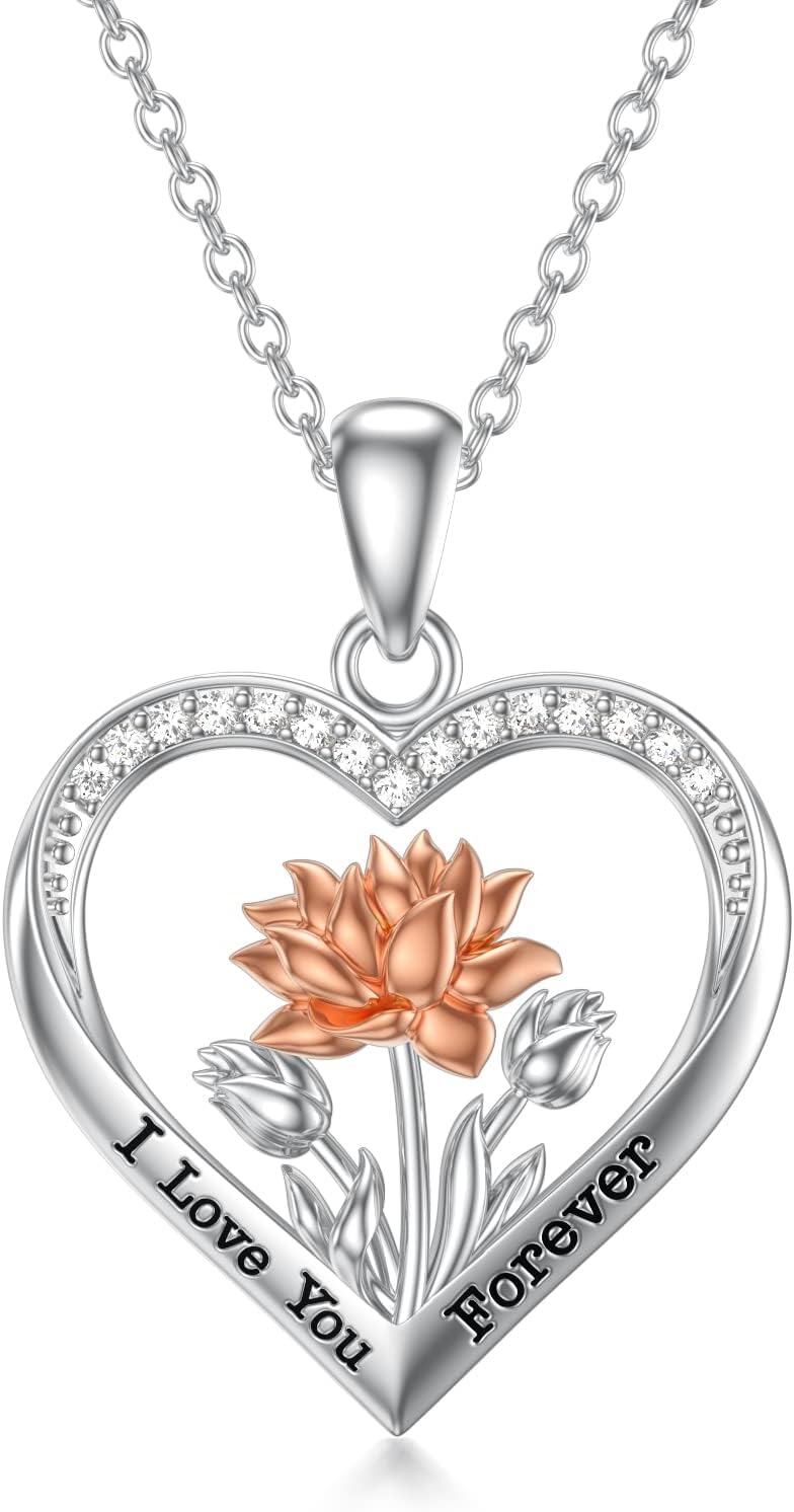  Sterling Silver Tulips Rose Sunflower Lotus Pendant Necklace Jewelry Gift -0-1