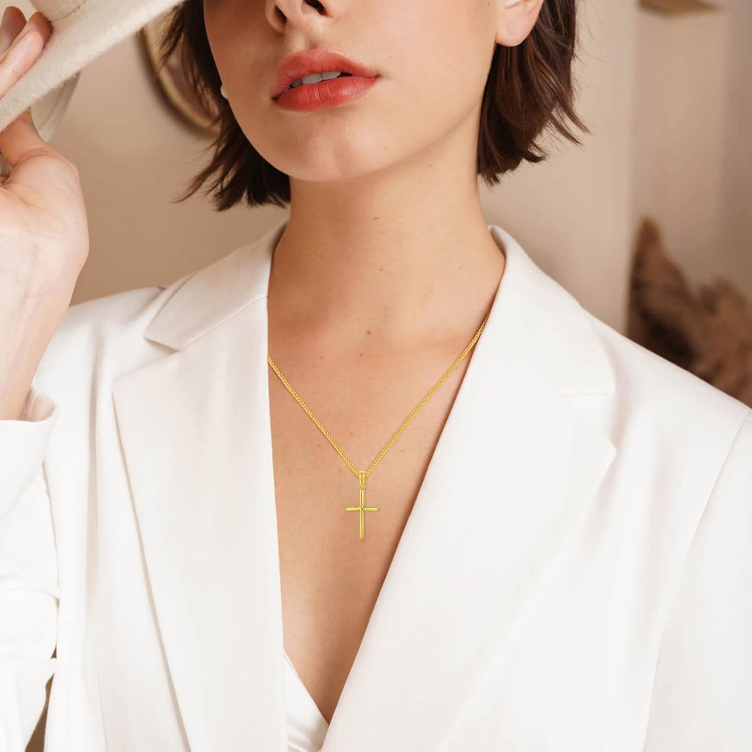 14K Gold Wheat Chain Cross Pendant Necklace for Women 16 18 -0-3
