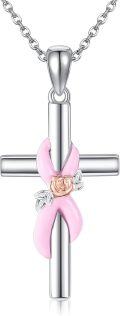 wholesale 925 Sterling Silver Pink Ribbon Rose Cross Pendant Necklaces for Women Faith Breast Cancer Awareness  Ideas-0-0