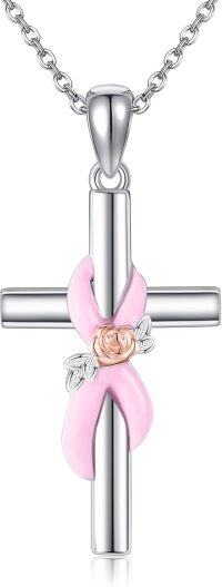 wholesale 925 Sterling Silver Pink Ribbon Rose Cross Pendant Necklaces for Women Faith Breast Cancer Awareness  Ideas-Breast Cancer