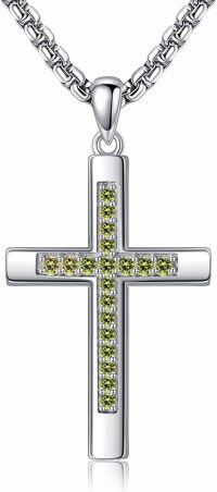 wholesale 925 Sterling Silver Birthstone Cross Necklace for Women Men-08-Aug-Peridot