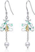 wholesale 925 Sterling Silver Green Enamel Lily Drop Pearl Earrings Floral  for Women-0-0