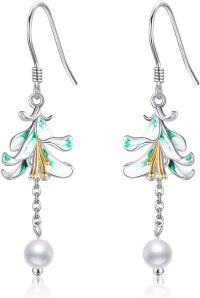 wholesale 925 Sterling Silver Green Enamel Lily Drop Pearl Earrings Floral  for Women-Lily