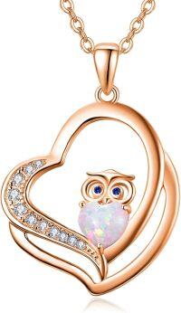wholesale 925 Sterling Silver Pink Opal Owl in Heart Pendant Necklace for Women Girls Gifts-Rose Gold