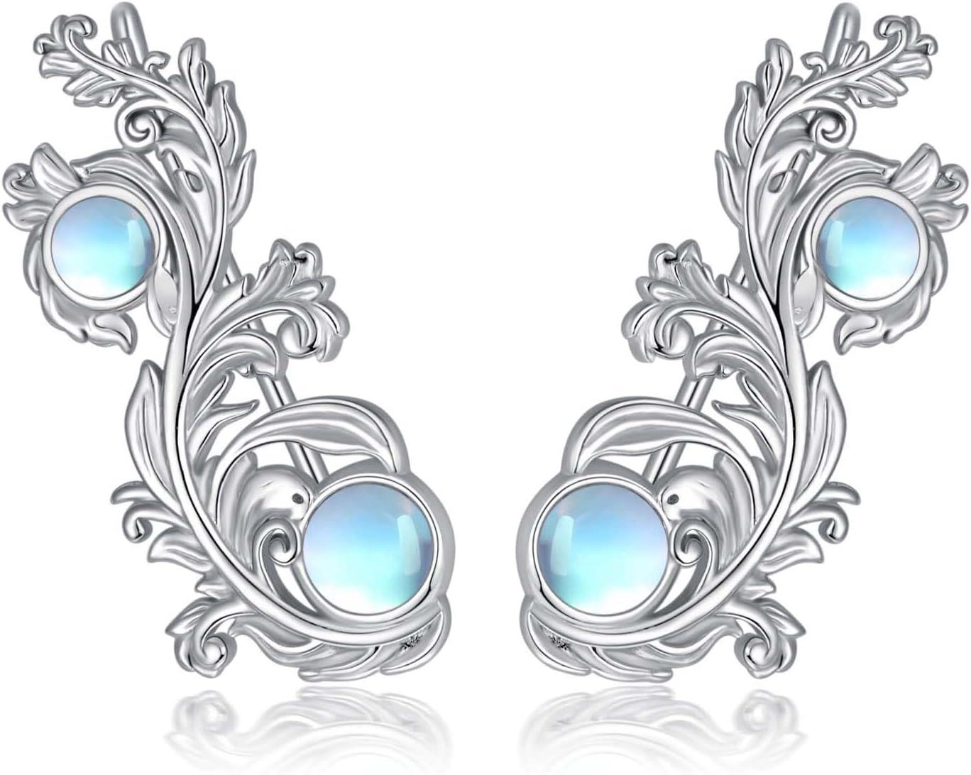 925 Sterling Silver Blue Moonstone Flower Vine Ear Climbers Jewelry for Women Girls Gift-0-0