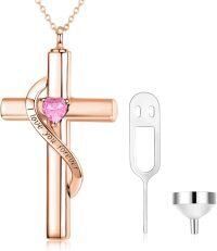 wholesale Rose Gold Plated 925 Sterling Silver with Birthstone Cross Urn Necklace for Ashes, Cremation Jewelry with 10k Rose Gold Chain-J-Rose Gold October