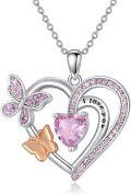 wholesale 925 Sterling Silver Heart Pendant Necklaces with Pink Crystal Butterflies and Love Message Gifts for Her Valentine's Day Jewelry Present Ideas-0-0