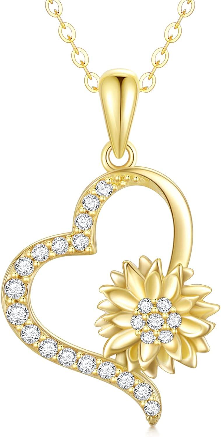 14K Gold Sunflower Heart Necklace for Women Real Gold Flower Pendant Fine Jewelry Gift for Wife Mom Girlfriend 16 18 -Style 1