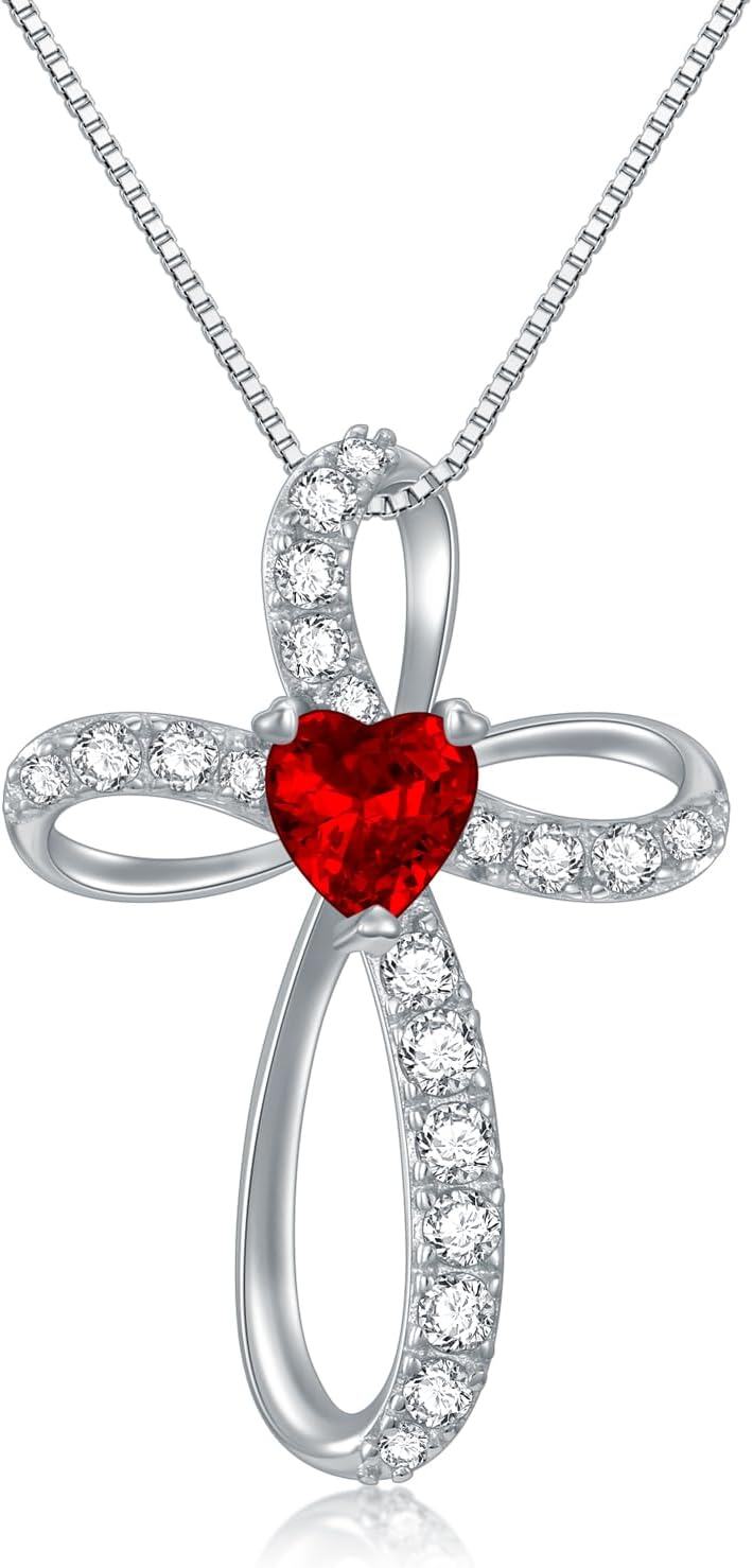  Sterling Silver Birthstone Cross Necklace for Women Birthday Mother s Day Gift ( )-07-Jul Birthstone - Ruby