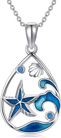 wholesale 925 Sterling Silver Blue Enamel Starfish & Wave Pendant Necklace-01-Starfish
