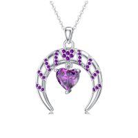 wholesale 925 Sterling Silver Heart-Shaped Amethyst Birthstone Crescent Moon Pendant Necklace Gift for Women-February