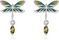 wholesale 925 Sterling Silver Dragonfly Stud Earrings with Green Crystal Drops for Women Gift-Dragonfly