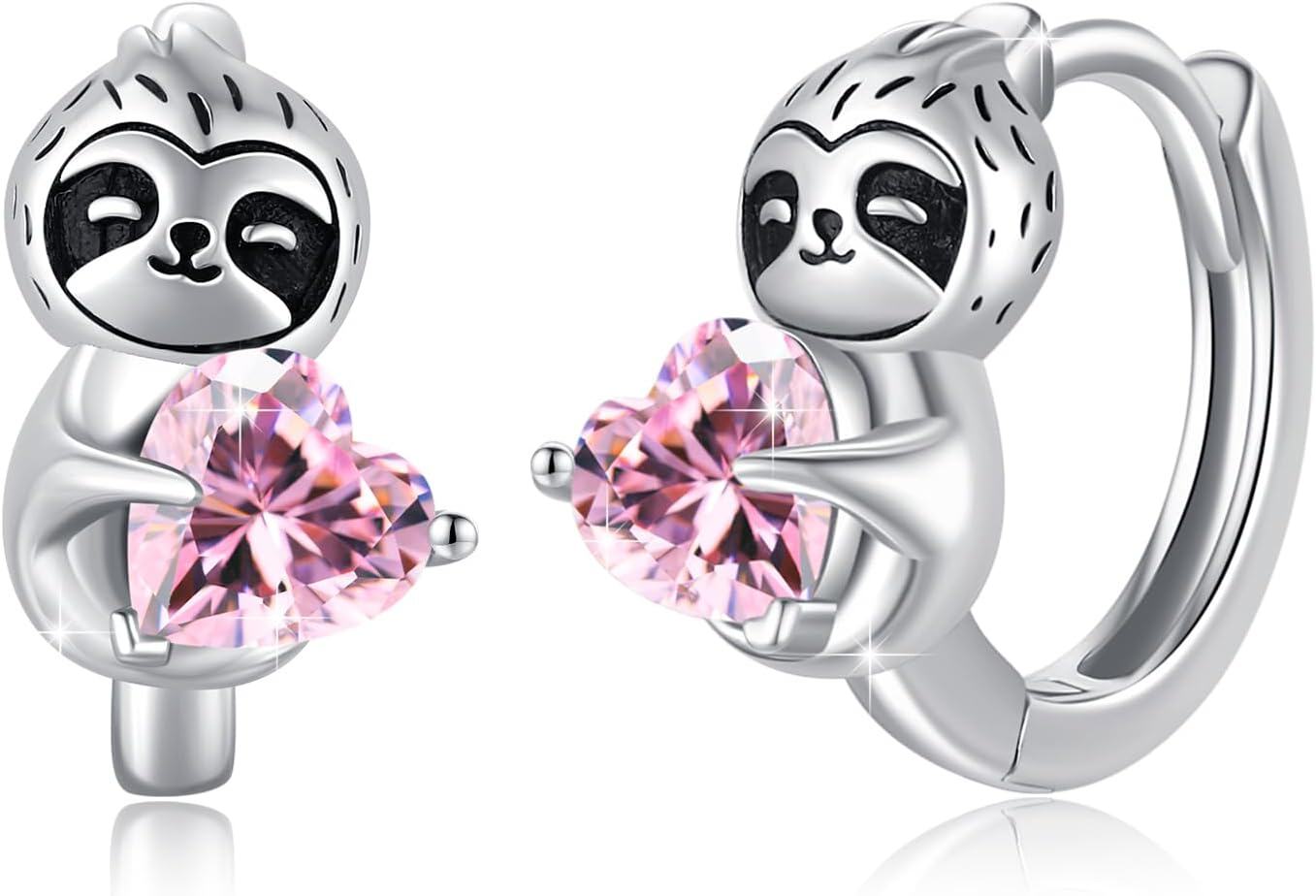Sterling Silver Hypoallergenic Sloth Hoop Earrings for Women Girls Teens-Light Pink