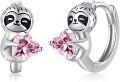 wholesale 925 Sterling Silver Pink Crystal Sloth Huggie Hoop Earrings for Women and Teenagers-0-0