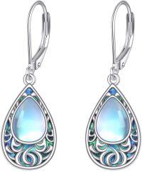 wholesale 925 Sterling Silver Teardrop Moonstone Leverback Earrings with Abalone Shell Inlay-Filigree Earrings