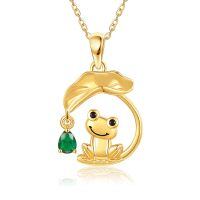 wholesale 14k Gold Cute Frog Lotus Leaf Pendant Necklace With Green Zircon Drop-Frog Necklace-Frog Necklace