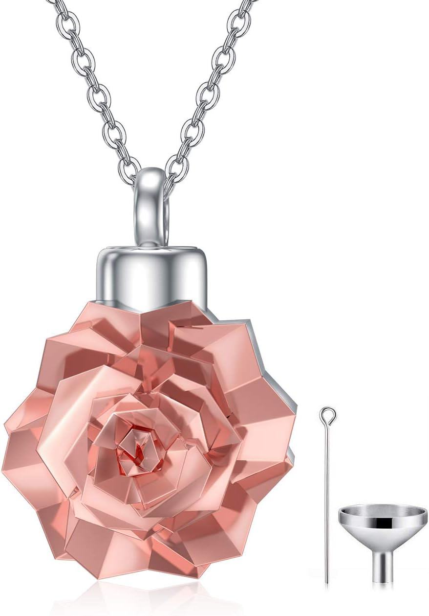 925 Sterling Silver Pink Crystal Origami Rose Cremation Pendant with Funnel and Fill Tool - Memorial Keepsake Jewelry for Ashes-0-0