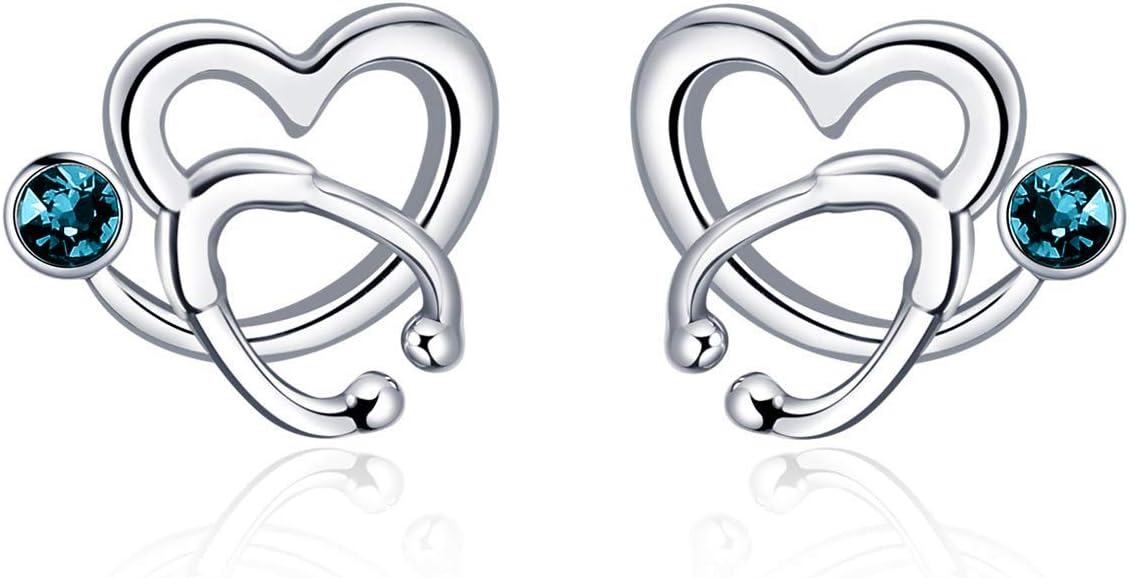 Sterling Silver Austria Crystal Nurse Earrings Stethoscope Studs Graduation Gifts for RN Doctor Medical Student-Simulated Turquoise
