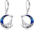 wholesale 925 Sterling Silver Howling Wolf Moon Drop Earrings with Blue Enamel and Stars-0-0