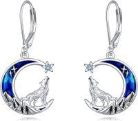 wholesale 925 Sterling Silver Howling Wolf Moon Drop Earrings with Blue Enamel and Stars-Moon wolf earrings
