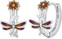 wholesale 925 Sterling Silver Sunflower & Dragonfly Huggie Hoop Earrings with Enamel Accents-Dragonfly