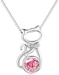 wholesale Sterling Silver Birthstone Cat Pendant Necklace for Women Cat Lover Gift-10-Lt. Rose