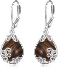 wholesale Sterling Silver Crystal Gemstone Filigree Teardrop Dangle Leverback Earrings-Tiger Eye