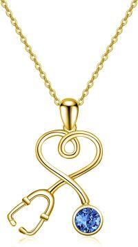 wholesale 14K Gold Simulated Birthstone Nurse Pendant Necklace Stethoscope Jewelry for Graduation-14K Gold - Sapphire Blue