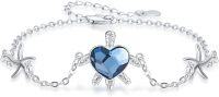 wholesale 925 Sterling Silver Blue Heart-Shaped Crystal Starfish & Turtle Charm Bracelet for Women - Adjustable Ocean -Sea Turtle-B