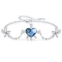 wholesale 925 Sterling Silver Blue Heart-Shaped Crystal Starfish & Turtle Charm Bracelet for Women - Adjustable Ocean -Sea Turtle-B