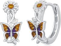 wholesale 925 Sterling Silver Sunflower & Butterfly Huggie Hoop Earrings with Amber Accents-Butterfly