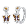 wholesale 925 Sterling Silver Sunflower & Butterfly Huggie Hoop Earrings with Amber Accents-0-0