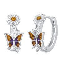 wholesale 925 Sterling Silver Sunflower & Butterfly Huggie Hoop Earrings with Amber Accents-Butterfly