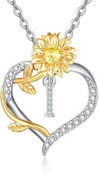 wholesale Gold Plated Sterling Silver Sunflower Letter Heart Pendant Necklace for Women-Letter I