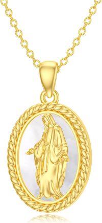 wholesale Gold 925 Sterling Silver Virgin Mary Pendant Necklace with Mother of Pearl and Rope Border Religious Jewelry for Women & Men-Gold Plated