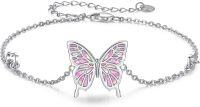wholesale 925 Sterling Silver Pink Opal Inlay Butterfly Charm Chain Bracelet for Women-Butterfly Bracelet - Pink Opal