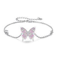 wholesale 925 Sterling Silver Pink Opal Inlay Butterfly Charm Chain Bracelet for Women-Butterfly Bracelet - Pink Opal