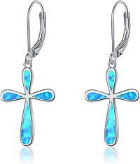 wholesale 925 Sterling Silver Blue Fire Opal Cross Drop Leverback Earrings for Women-blue opal