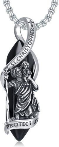 wholesale 925 Sterling Silver St. Christopher Protect Us Black Onyx Pendant Necklace-02-St Christopher